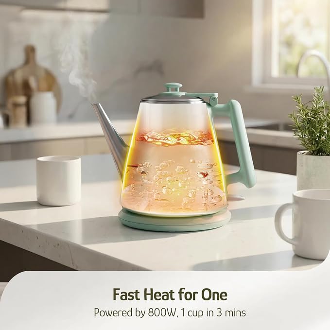 Hazel Quinn Electric Kettle, 1L/34oz Small Tea Kettle - Mint Green | 800W Fast Boil, 304 Stainless Steel Interior, Double-Wall Cool Touch, Gooseneck Spout, Auto Shut-Off, BPA-Free Cordless, Home