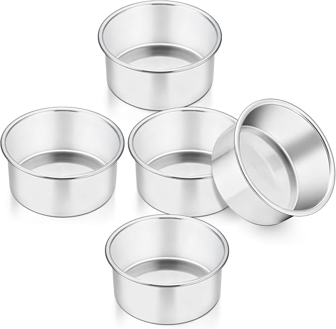 TeamFar 4 Inch Cake Pan, 5 Pcs Stainless Steel Round Baking Cake Pans Set | Layer Cake Baking Pans Set for Baking Steaming Serving, Healthy & Sturdy, Mirror Finish & Dishwasher Safe