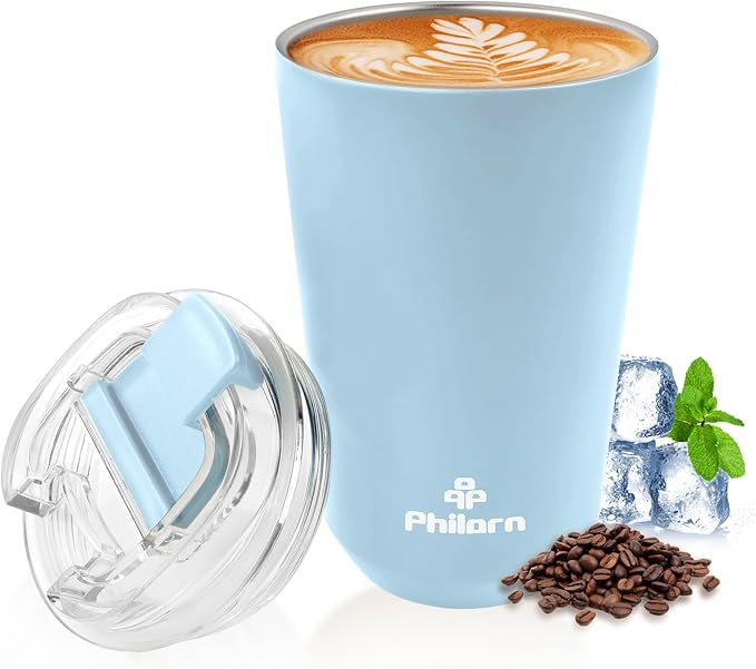 PHILORN Travel Coffee Mug 12 OZ Tumbler, Insulated Coffee Mug with Lid | Coffee Thermos for Hot & Cold Drinks, Leak Proof Coffee Tumbler with Double Wall (LIGHT BLUE)