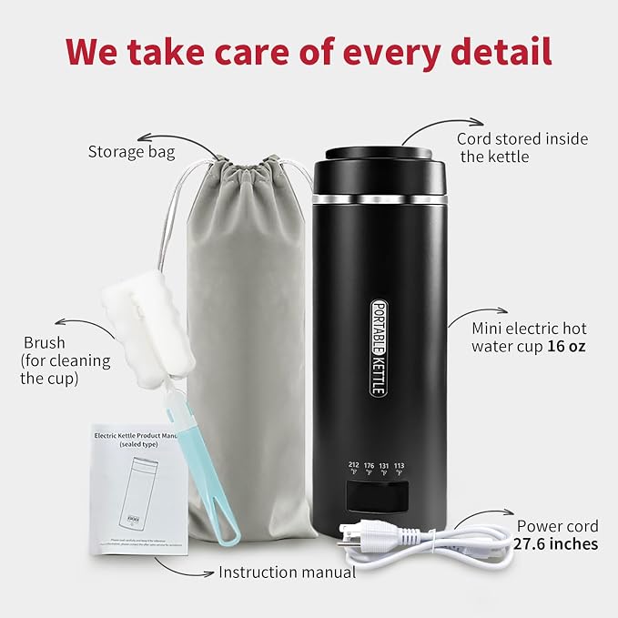 Travel Kettle, Portable Electric Kettle for 4 Temperature Controls, Black | 304 Stainless Steel Liner, Auto Shut-off, 300W (120V) Fast Boiling, Water Bottle for Business Trips, Dorm & Office, 450ml