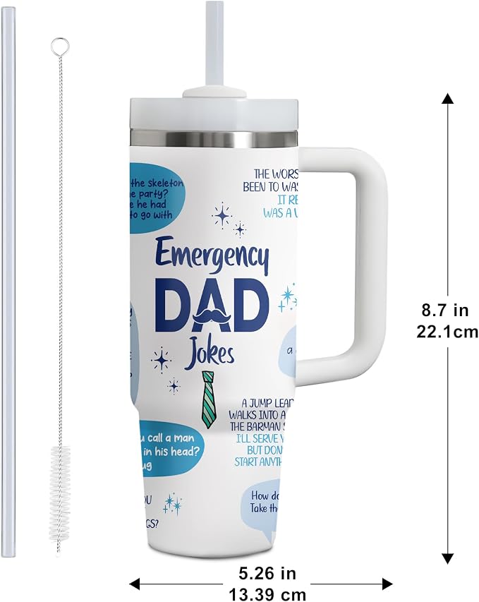 Gossby Emergency Dad Jokes Tumbler, 30oz Stainless Steel with Handle | Funny Gift for Dad, Birthday Gift for Him, Dad Coffee Tumbler with Straw, Insulated Travel Cup, Gift for Daddy, Stepdad