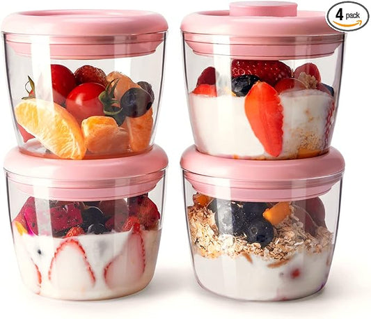 400ml Meal Prep Container Set of 4 Pink Tritan Plastic Food Storage Containers with Lids, Airtight Leakproof Pop Top Lid Bowl for Breakfast Leftovers