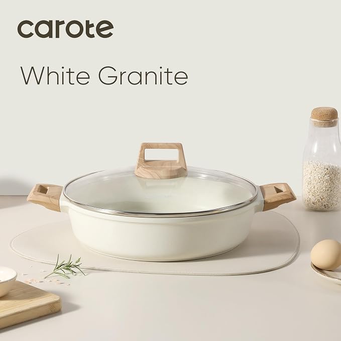 CAROTE Nonstick Stock Pot with Lid,4 Quart Shallow Soup Pot | Kitchen Casserole Compatible with All Stoves, Non Stick Cooking Pot, Cookware for Boiling, Simmer PFOA Free, White Granite