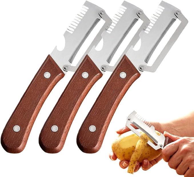 Multi-Functional Vegetable Peeler for Kitchen, 2026 New Stainless Steel Peeler with Wooden Handle and Bottle Opener, Kitchen Tool for Fruit Veggie Pumpkin, Gifts for Mom (Brown，3PCS)