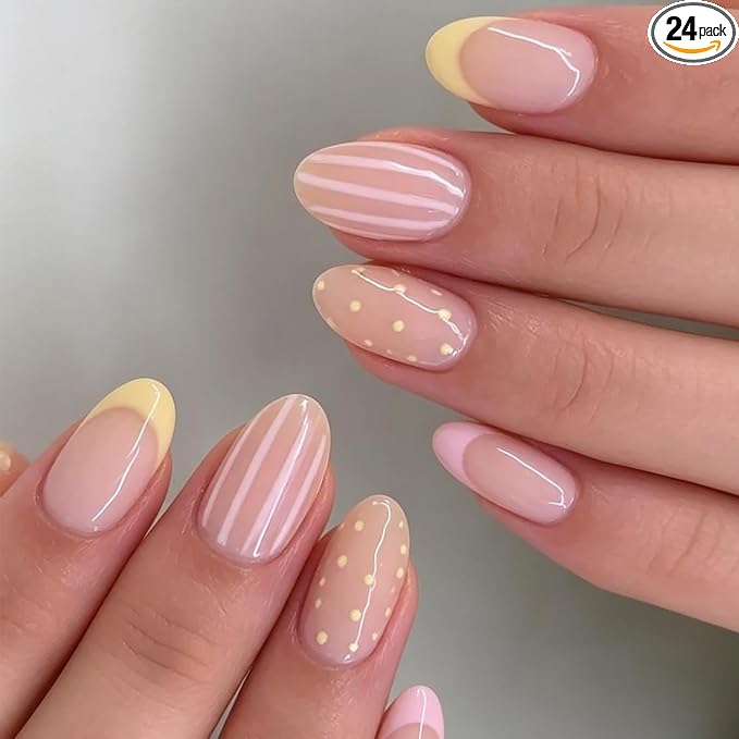 French Press On Nails Short Almond Fake Nails With Stripe Polka Dot Designs | Yellow Pink French False Nails Acrylic Nails Press Ons Glossy Glue On Nail Reusable Stick On Nail For Women 24Pcs