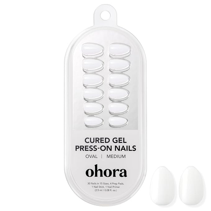 ohora Gel Press On Nails | White, Solid, Medium Oval | Pure White | Salon-Quality, 100% Real Gel, No UV Lamp, No Glue, Non-Toxic | 15 Sizes, 30 Tips | Long Lasting press ons, K beauty nails