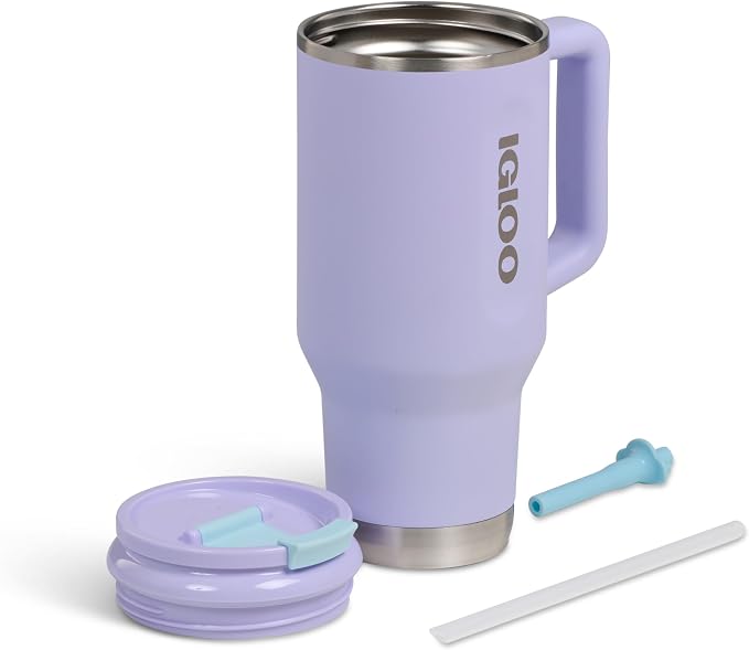 Igloo, 32 oz Tumbler with Handle, Reusable Travel Mug, Stainless Steel Insulated Hydration Cup for Hot & Cold Beverages, Cupholder Friendly, Lilac