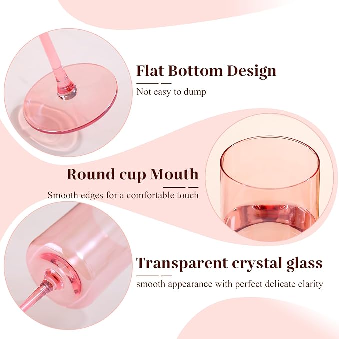 Pink Wine Glasses - Hand Blown Square Colored Wine Glasses with Long Stems, Set of 6 - 14oz Each, Ideal for All Occasions
