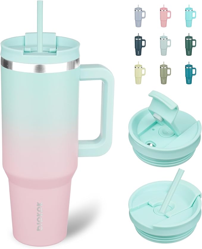 BJPKPK 40 oz Insulated Tumbler with Handle & Straw, Stainless Steel | Double Wall Vacuum Insulation, Leak Proof, BPA Free, Dishwasher Safe, Cupholder Friendly, Travel & Outdoor, Bubble Gum