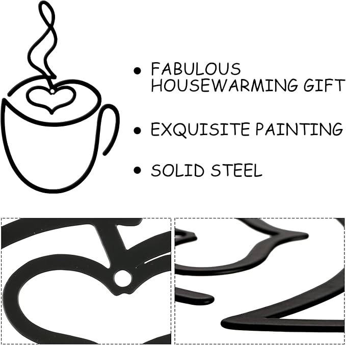 Ferraycle 3 Pieces Coffee Cup Metal Wall Art Wire Coffee Bar Hanging Decor Cafe Themed Vintage Rustic Metal Sign for Kitchen Restaurant Shop Home Office Accessories | Hanging Wall Decor, Rustic Wire Sculpture,Cafe Home Restaurant Kitchen Accent, Easy W...