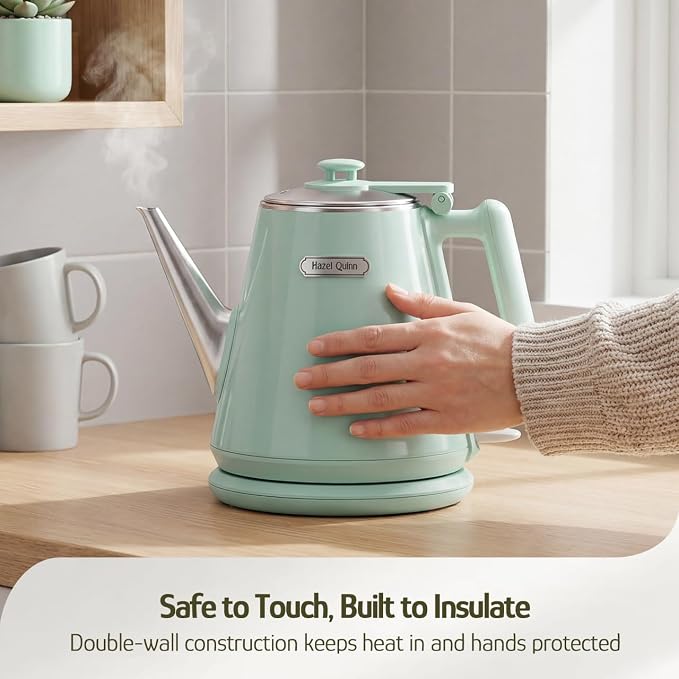 Hazel Quinn Electric Kettle, 1L/34oz Small Tea Kettle - Mint Green | 800W Fast Boil, 304 Stainless Steel Interior, Double-Wall Cool Touch, Gooseneck Spout, Auto Shut-Off, BPA-Free Cordless, Home