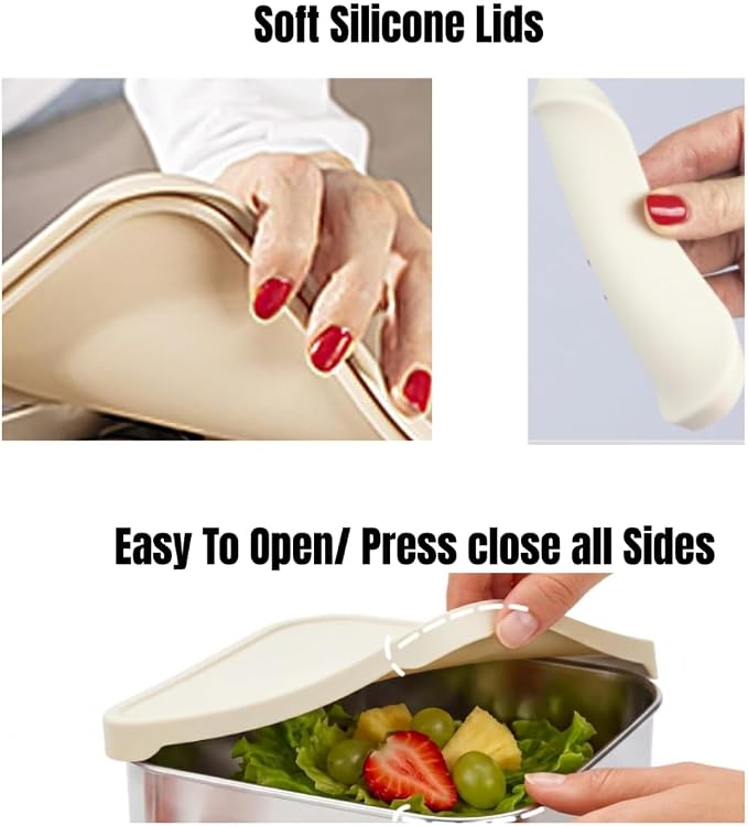 Flexibento - 40 OZ Set -Leak proof Stainless Steel Lunch Box Containers, Lunch Containers with Silicone Lids,Steel Bento Box,Metal lunch Box, Vanilla set of 3, 1 * 40OZ + 2 * 9 OZ