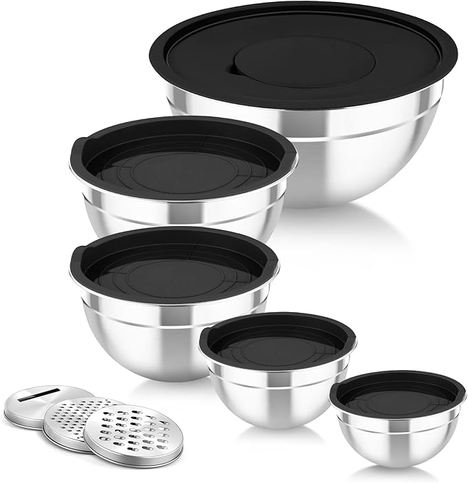 TeamFar Mixing Bowls with Lids, 5PCS Stainless Steel Metal Salad Bowl | with lids & 3 Grater Attachments, for Cooking/Prepping/Serving, Airtight Lids & Easy Clean - 0.7/1/1.5/2.6/4.6QT, Black
