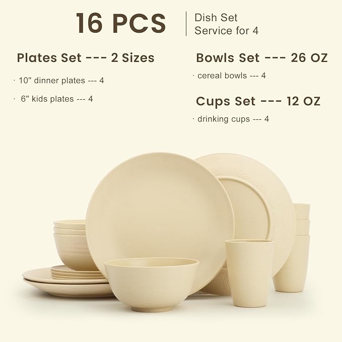 Premium Wheat Straw Dinnerware Sets, Lightweight & Unbreakable Plates and Bowls Sets,Cups,Service for 4,Dishwasher and Microwave Safe 16 PCS Dish Sets for Home，Camping- Beige