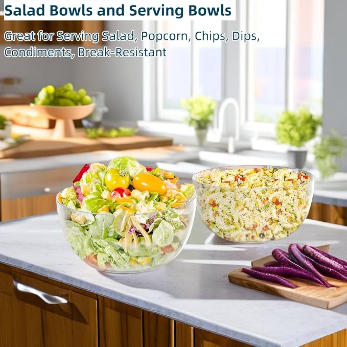 Large Acrylic Salad Bowls and Serving Bowls, Great for Serving Salad, Popcorn, Chips, Dips, Condiments, Break-Resistant Set of 2, Clear 146 oz