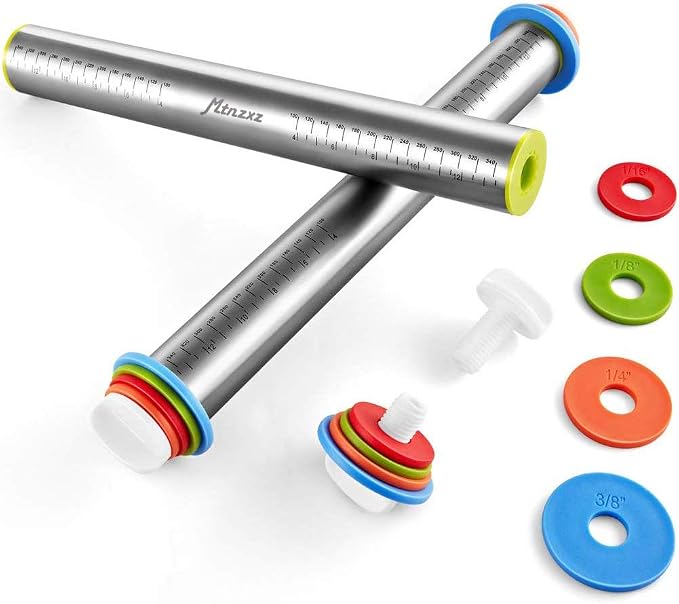 Rolling Pin and Silicone Pastry Mat Set with Adjustable Thickness Rings | Roll Dough to Perfect Size & Thickness, Stainless Steel Dough Roller for Baking Fondant, Pizza, Pie, Pastries, Pasta, Cookies
