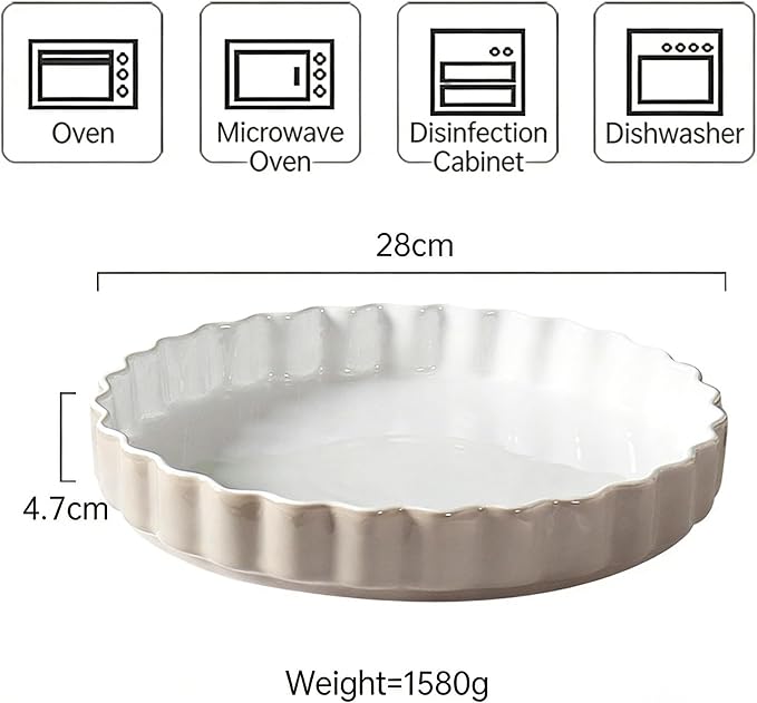 Quiche Baking Dish,Ceramic Pie Pan 11 Inch Reusable,Pizza Pan，Non-Stick Round Tart Pan with Ruffled Edge Microwave Dishwasher and Oven Safe (GREY)