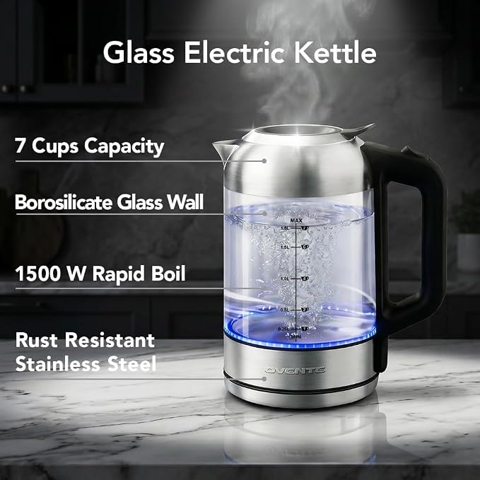OVENTE 1.8L Glass Electric Kettle Water Boiler, Silver KG751S | 1500W Fast Boiling, Easy Fill Lid, Borosilicate Glass, BPA-Free, Blue LED, Auto Shut-Off, Boil-Dry Protection, Cordless