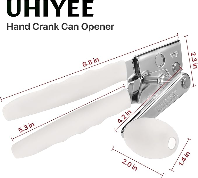 UHIYEE Commercial Can Opener Heavy Duty, Hand Crank for Large Cans, White | Manual Can Opener, High-Carbon Blade, Extra-Long Handle, Oversize Knob, Built-in Magnet & Bottle Opener, For #10 Cans