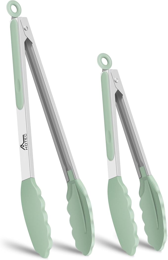 HOTEC Premium 7 & 9 Inch Kitchen Tongs, Stainless Steel Locking Cooking Tongs with Silicone Tips, Non-Scratch & Heat Resistant, Serving Tongs for Salad, BBQ, Light Green, Set of 2