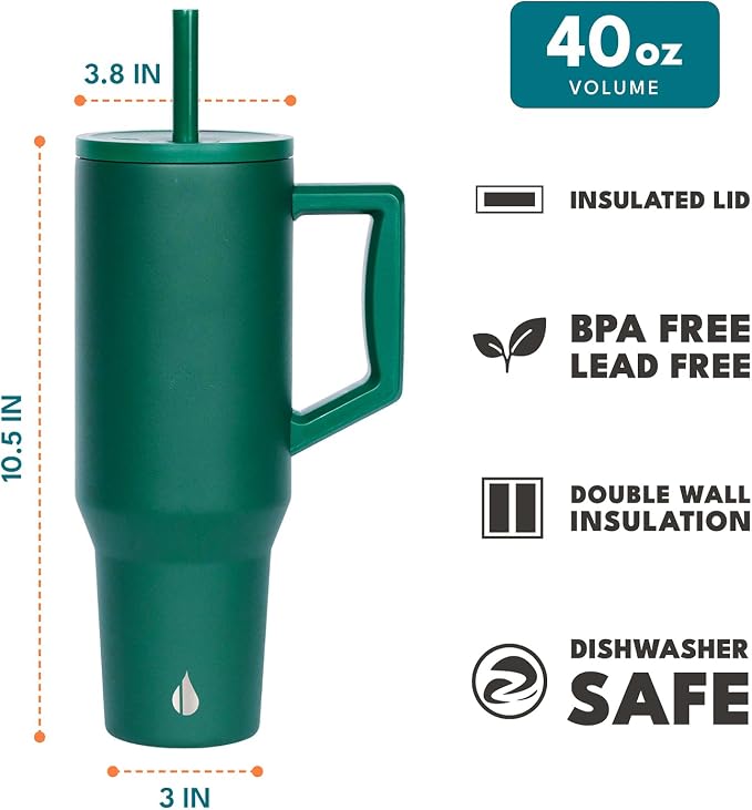 Elemental Spill Proof 40oz Insulated Tumbler with Handle & Straw Travel Mug | Stainless Steel Commuter Travel Coffee Mug for Cold Beverages, Includes 2 Straws & a Spill Proof Lid for Everyday Use