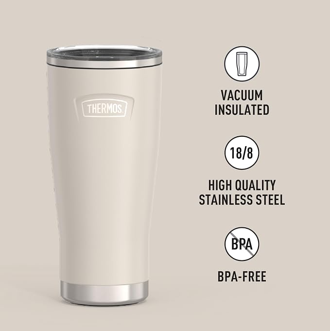 THERMOS Icon Series 24oz Stainless Steel Tumbler with Slide Lock Lid, Leakproof, Fits Cupholder, Dishwasher Safe, Griptec™ Non‑Slip Base, Keeps Drinks Hot 6 Hrs/Cold 22 Hrs, Sandstone