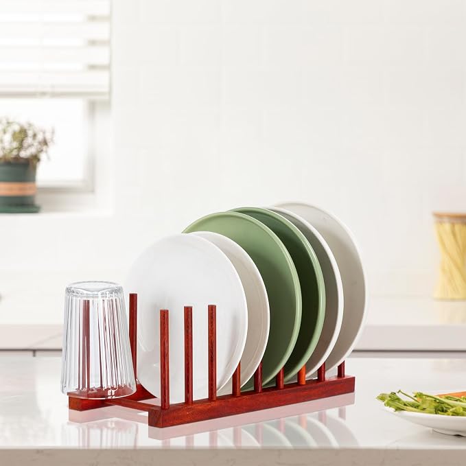 HBlife 4 Packs Rosewood Wooden Dish Drying Rack Plate Organizer for Cabinet | 8 Slots, Home and Kitchen Organizer, For Cups, Bowls, Pots, Lids, Cutting Boards & Plates, Space-Saving for Cabinets Counters