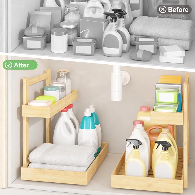 Bamboo Under Sink Organizer 2 Pack, 2-Tier Pull Out Cabinet Organizer | Kitchen Sink Organizer | Bathroom Cabinet Organizer | Cleaning Supply Storage | L-Shape | 3-Level Adjustable | Natural Bamboo