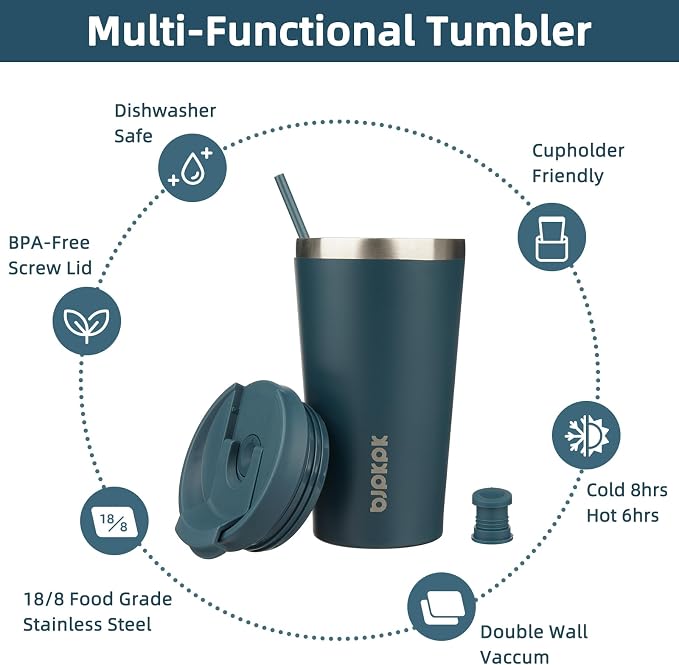 BJPKPK 18 oz Coffee Tumbler with Straw, Insulated Stainless Steel Cup | Double Wall Vacuum, Leak Proof, Keeps Hot/Cold, BPA Free, Dishwasher Safe, Cupholder Friendly, Travel, Navy Blue