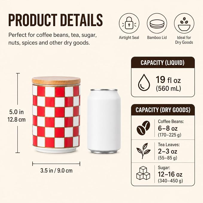 Kitchen Countertop Ceramic Checkered Canisters,Black And White Food Storage Containers With Lid,Airtight Kitchen Canisters for Flour, Sugar, Coffee, Tea, and Dry Goods (Red, Small)