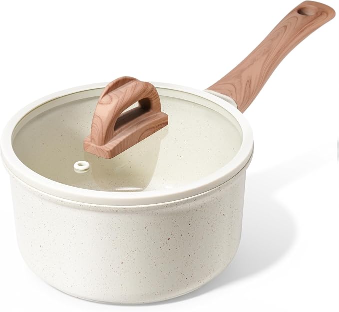 Ceramic Nonstick Saucepan with Lid, 2.0 QT Small Non Stick Stock Pot with Stay-cool Handle, Induction Compatible Cooking Pot White Granite Coating Easy to Clean Kitchen Cookware