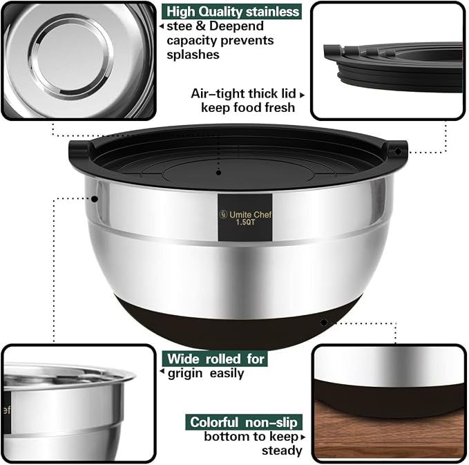 Umite Chef Mixing Bowls with Airtight Lids，6 piece Stainless Steel Metal Nesting Storage Bowls, Non-Slip Bottoms Size 7, 3.5, 2.5, 2.0,1.5, 1QT, Great for Mixing & Serving(Black)
