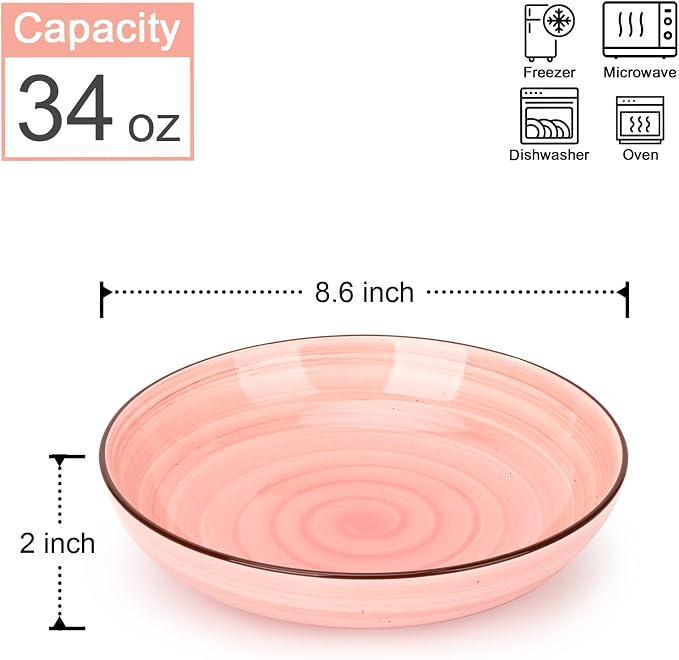 KitchenTour Large Ceramic Pasta Bowls, 34 oz Salad Serving Bowls, Set of 6 | Wide and Shallow Dinner Plate Bowls for Soup, 8.6 Inch, Dishwasher and Microwave Safe, Pastel Swirl