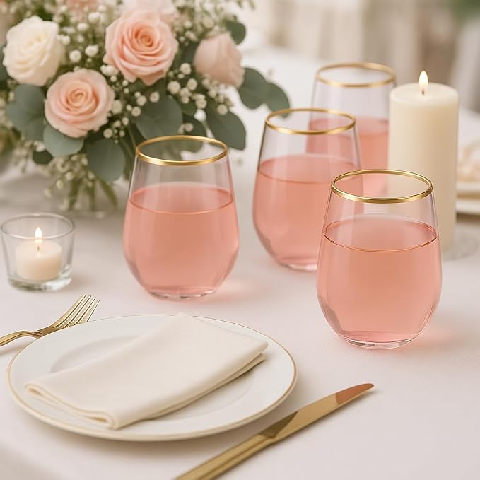 Oojami 40 Pack Diamond Disposable Wine Glasses Stemless 12 oz Pink Gold | Unbreakable Shatterproof BPA-Free, Reusable Recyclable Plastic Wine Cups for Wedding Party Cocktail Whiskey Champagne