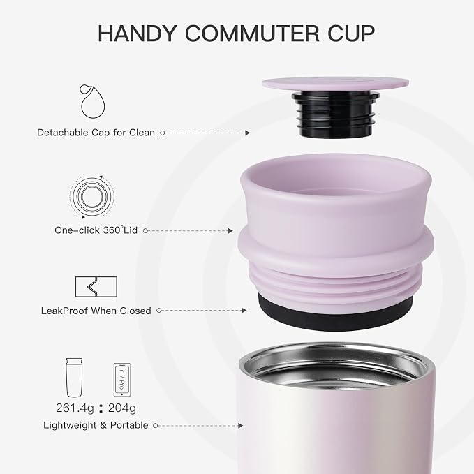 Travel Coffee Mug with 360°Lid, 12 oz Coffee Tumbler Insulated Travel Mugs for Hot and Cold, Vacuum Insulated Stainless Steel Coffee Cup Leak Proof Spill Proof-Pearl Nacre