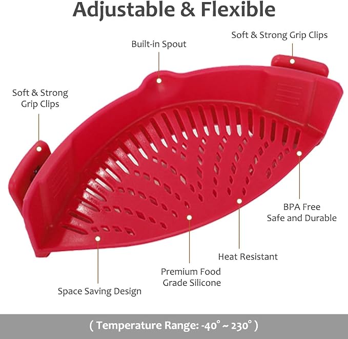 YEVIOR Clip on Strainer for Pots Pan Pasta,Silicone Food Pan Strainer | Food-grade BPA-free,Kitchen Food Strainer for Spaghetti, Pasta,Vegetable Fruits Fits All Bowls and Pots (Red)