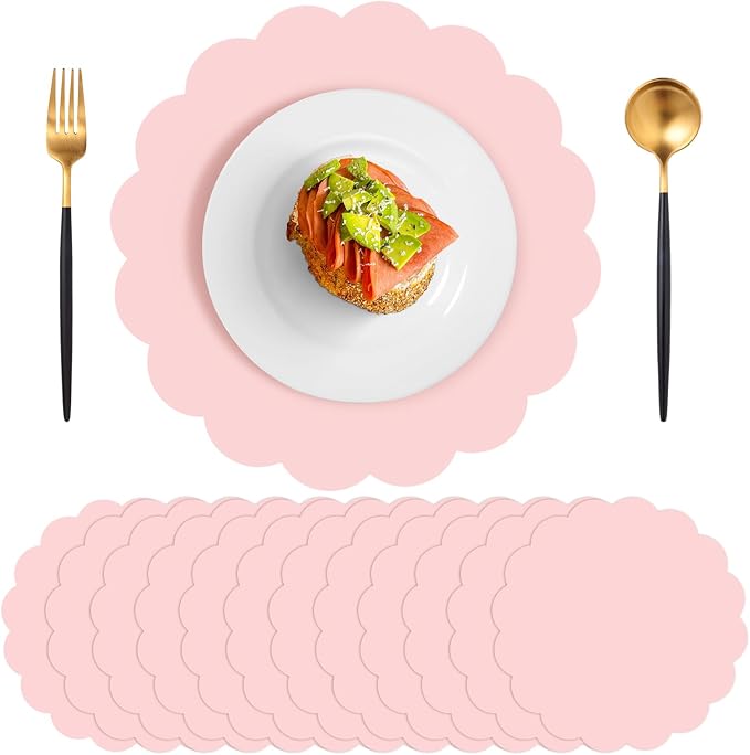 60 Pcs Light Pink Paper Placemats, 13.5 Inch Disposable Scalloped Placemat | Round Table Place Mats Decorative Paper for Girls Birthday Wedding Bridal Shower Baby Shower Banquet Tea Party