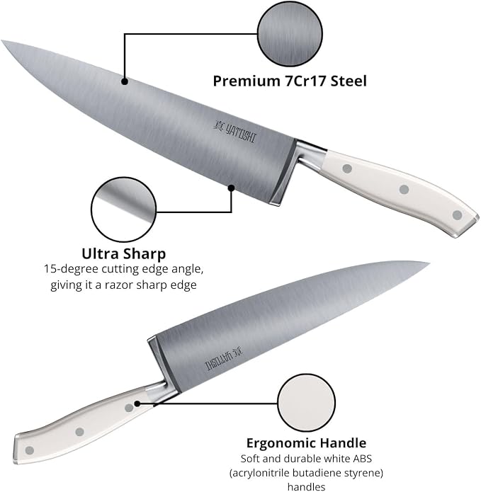 Yatoshi Magnetic Kitchen Knife Block Set 6 Pcs White - Pro Kitchen Knife Set Ultra Sharp High Carbon Steel