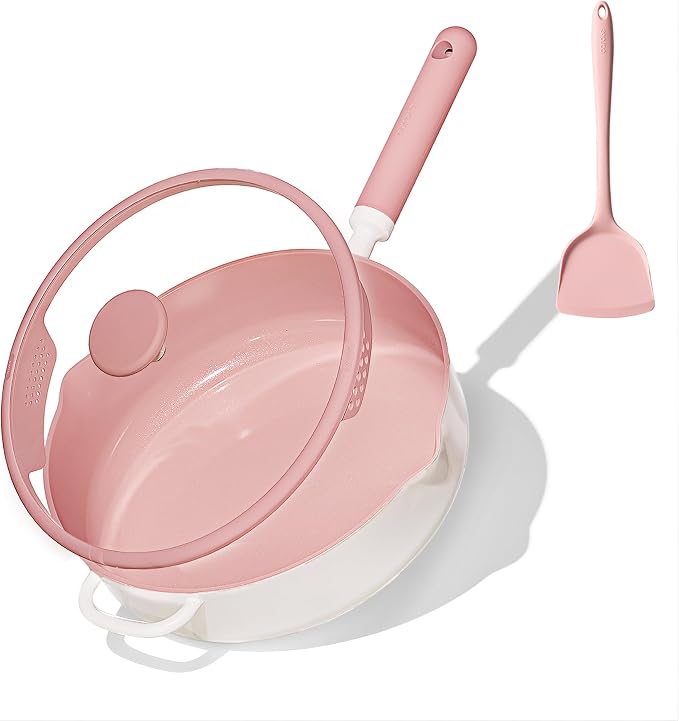 CAROTE 11 Inch Nonstick Deep Frying Pan with Lid, 5 Qt Chef Saute Pan with Pour Spout, Skillet Induction Cookware, Non Stick Cooking Pan Kitchen Pan, Healthy & PFOA/PFAS Free, Includes Spatula, Pink