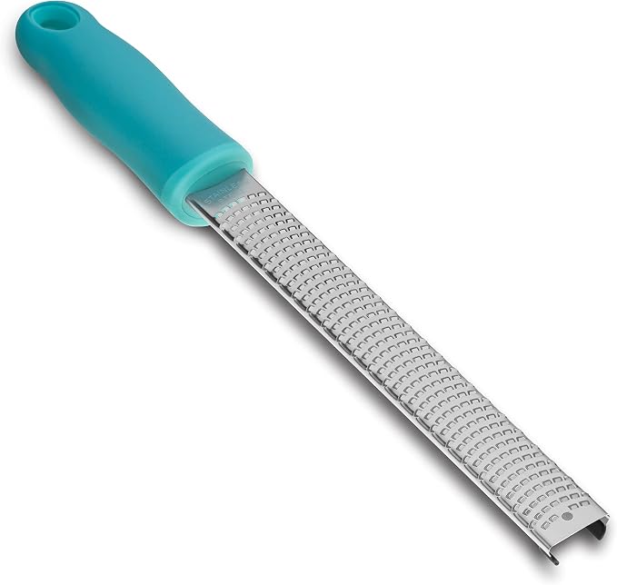 8-Inch Lemon Zester & Cheese Grater, 18/8 Stainless Steel, Blue | Fine 18/8 Stainless Steel Blade for Citrus, Parmesan, Ginger and Garlic, Soft Non-slip Handle, Cover, Dishwasher Safe