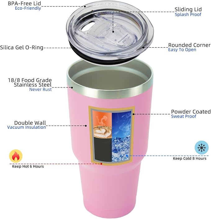 BJPKPK 30 oz Tumbler with Lid and Straw, Insulated Stainless Steel Cup | Double Wall Vacuum, BPA Free, Leak Proof, Keeps Hot/Cold, Travel & Beach Ready, Car Holder Fit, Light Pink