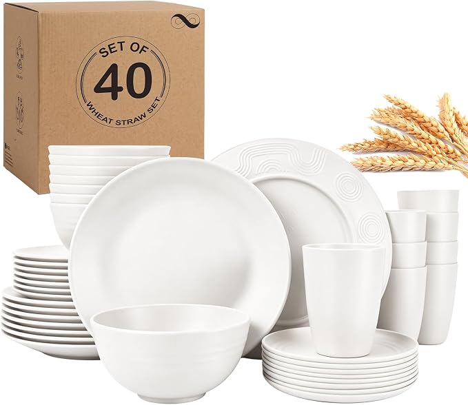 PYRMONT 40 PCS Wheat Straw Dinnerware Sets Unbreakable Dishes Set Service for 8 Dishwasher & Microwave Safe Plates and Bowls Sets for Kitchen,Camping,Picnic Non Toxic Dishes-White