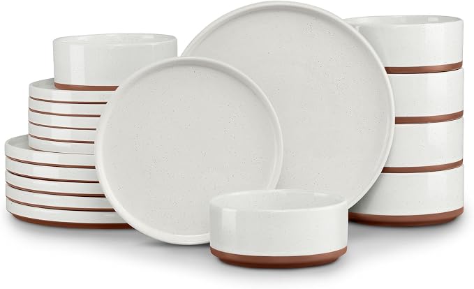 LIANYU Stoneware Dinnerware Set Service for 6, 18 PCS Plates and Bowls Set | Handmade Ceramic Dish Set, Highly Chip and Crack Resistant Modern Plate Set, Cloud White