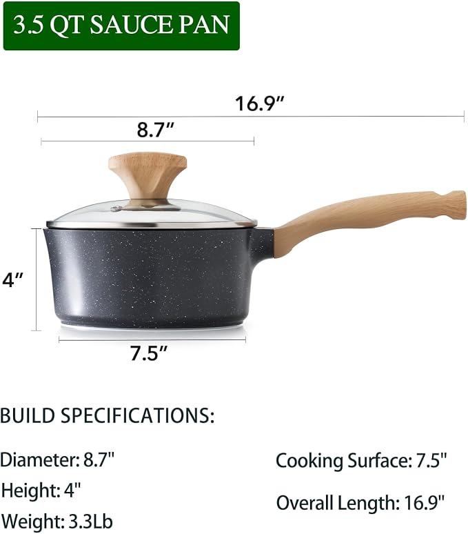 Nonstick Saucepan with Lid, 3.5 Quart German Greblon Ceramic Sauce Pan, Non Toxic Sauce Pot with Cover for Multipurpose Use, PTFE, PFOA & PFAS Free, Induction Compatible.
