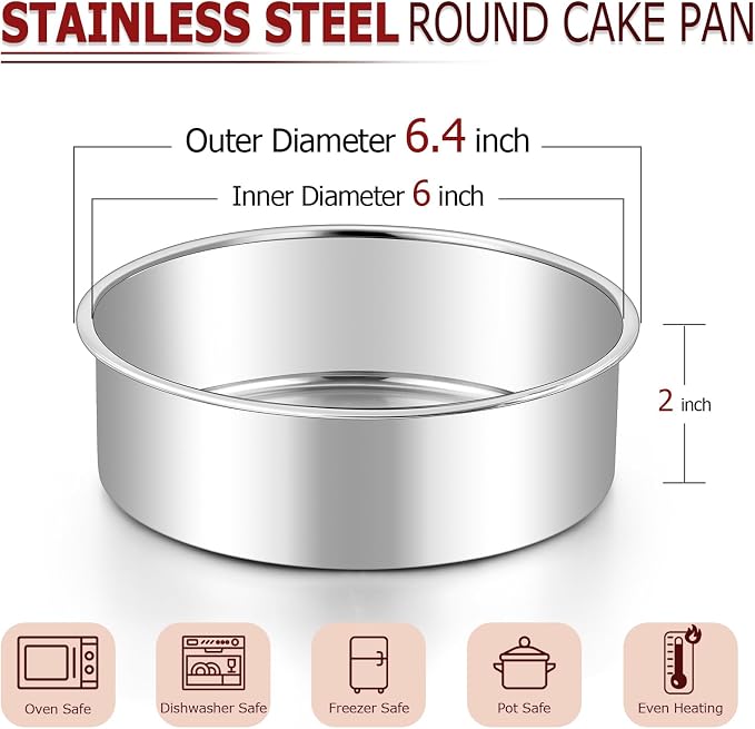 LIANYU 6 Inch Round Cake Pan, Stainless Steel Baking Layer Cake Pan Tin | Heavy Duty Metal Round Tier Cake Baking Tins, 2In Tall, Oven & Dishwasher Safe, No Coating, Non Toxic Bakeware