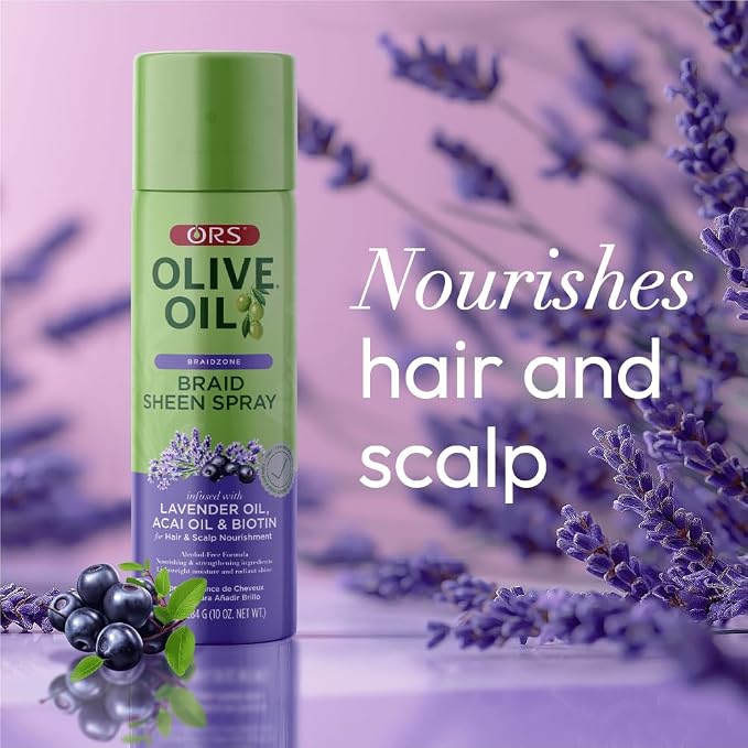 ORS Olive Oil Braidzone Braid Sheen Spray with Lavender, Acai & Biotin for Hair & Scalp Nourishment 10 Ounces