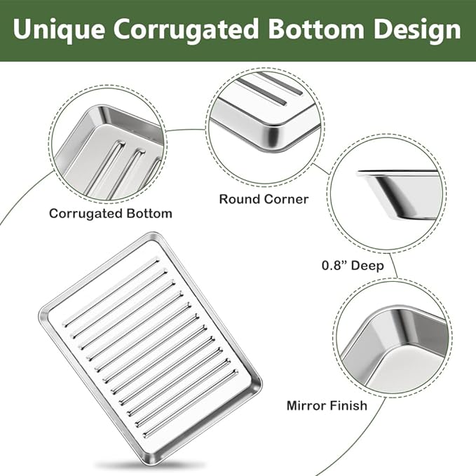 1/8 Baking Sheet Pan Cooling Rack Set, Stainless Steel 2 Pans + 2 Racks | 9x7x1 Inches Small Baking Sheet Pan with Nonstick, Warp Resistant, Heavy Duty Design for Baking, Roasting, and Cooking