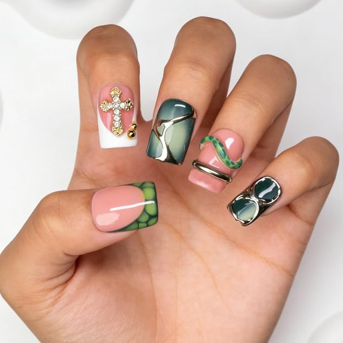 Handmade Square Press on Nails Green French Tip Short Stick on Nail 3D Silver Embossed Designs Luxury Rhinestone Pearl False Nails Muti-Layer Gel Acrylic Nails for Women Manicuare 10 Pcs（L)