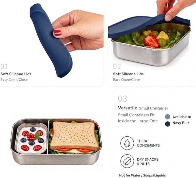 Flexibento - Leak proof Stainless Steel Lunch Box Containers with Silicone Lids, Steel Bento Box, Metal lunch Box, Navy-47OZ-Set Of 2