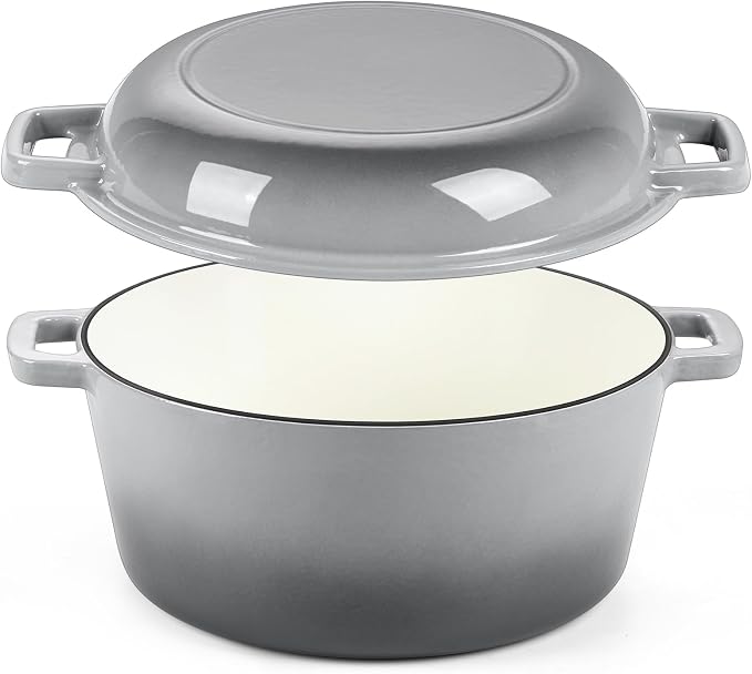 P&P CHEF 2 In 1 Gray Dutch Oven Pot with Lid for Bread Baking, 5Qt | Cast Iron Bread Dutch Oven, Skillet & Pot for Roasting Braising Stewing Frying Simmering, Multi Stoves & Oven Safe